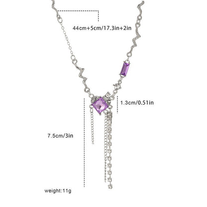 Super Fairy Temperament Purple Square Crystal Necklace For Women, Sweet And Cool Long Style, Tassel Niche, High-end Design, Collarbone Chain