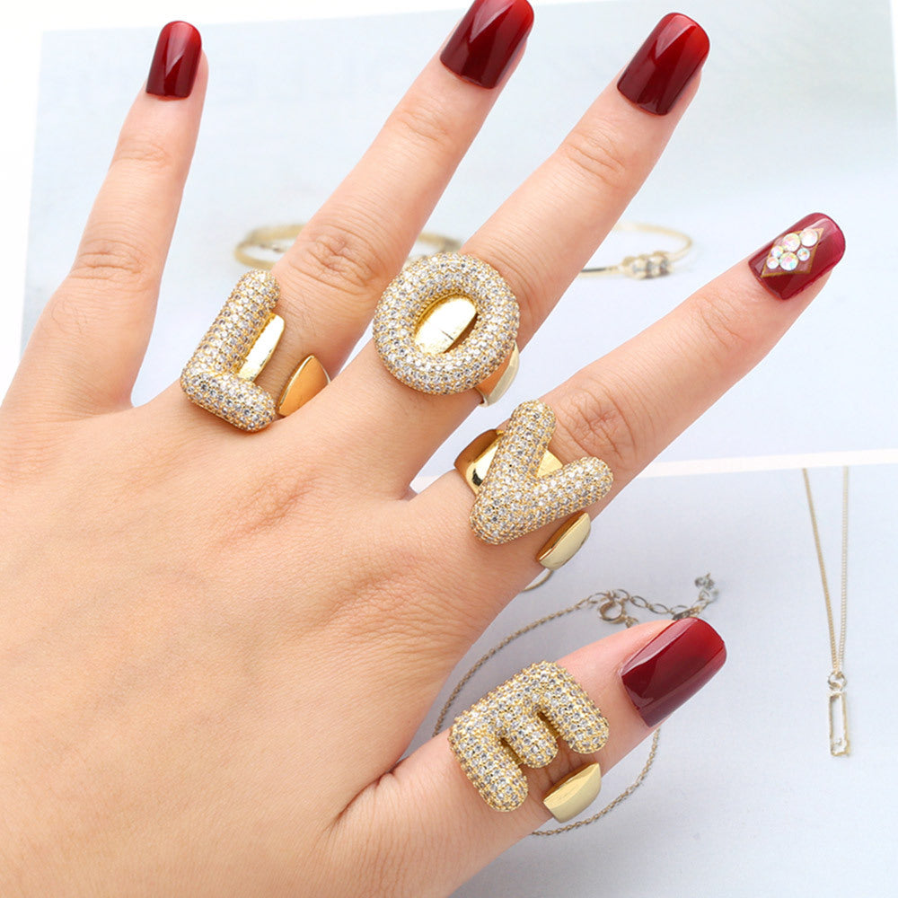 26 English Letters Ring Women's Gold-plated Full Zircon