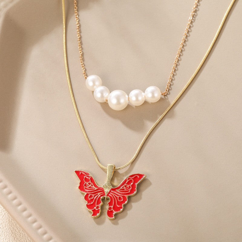 Colorful Butterfly  Princess Same Necklace Double Layer Pearl Necklace Colorful Butterfly Neck Chain