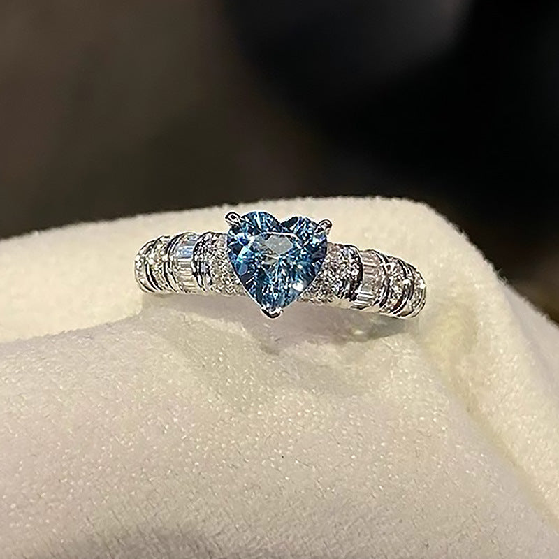 High Carbon Diamond Artificial Sacred Heart Shape Aquamarine Ring