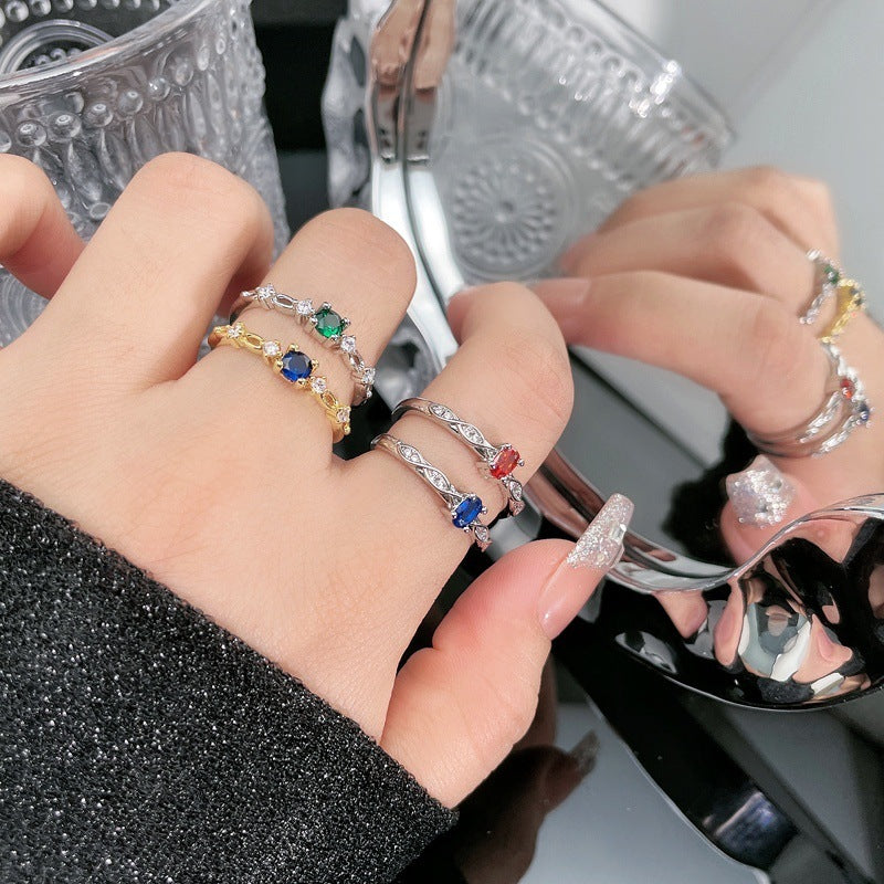 Design Niche Colored Gems Open-end Zircon Ring Retro