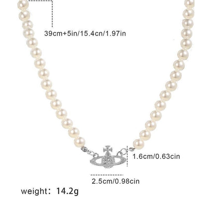 Creative And Trendy Pearl Necklace, Women's Diamond Encrusted Saturn Pendant Necklace, Necklace