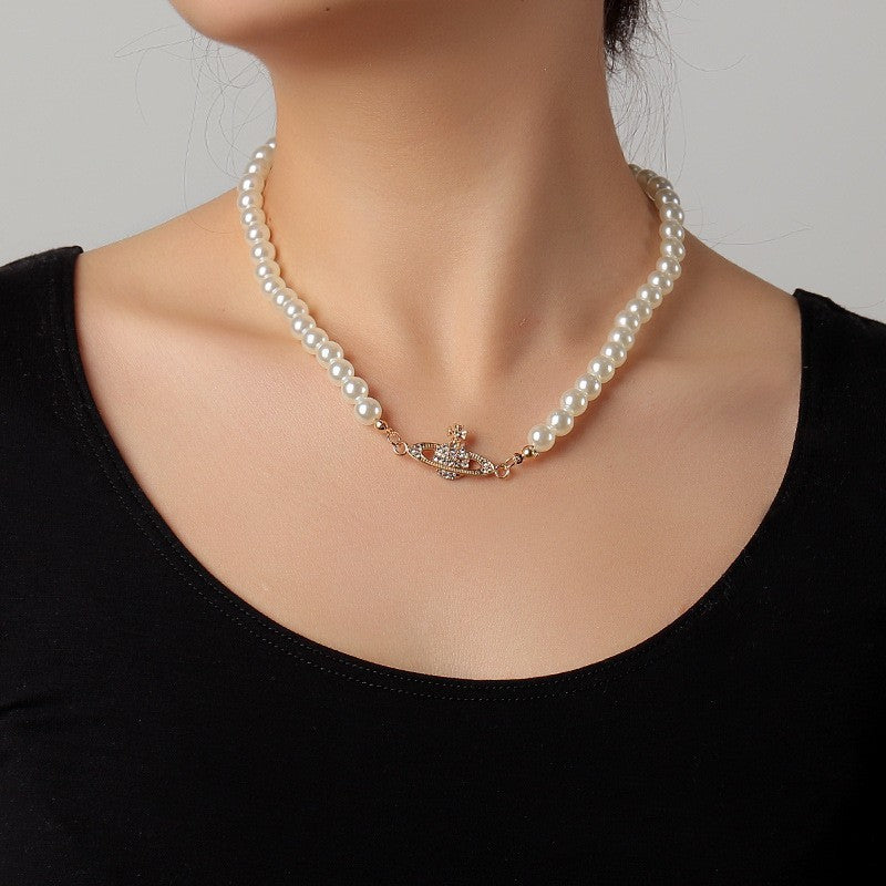 Creative And Trendy Pearl Necklace, Women's Diamond Encrusted Saturn Pendant Necklace, Necklace