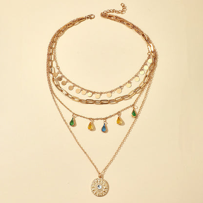 Alloy Clasp Rhinestone Tassel Concave Convex Circular Pendant 4-layer Necklace